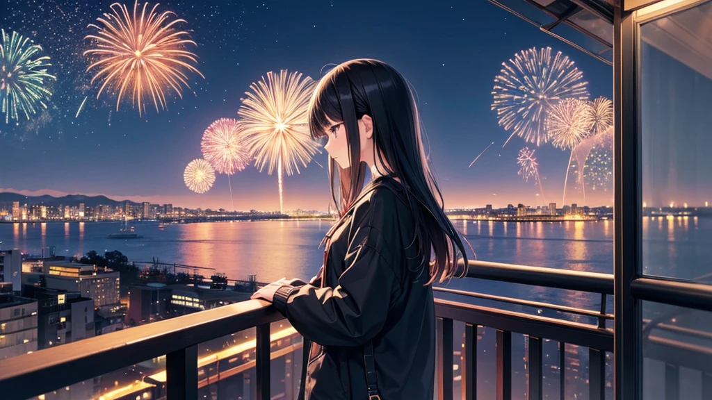 The Osaka fireworks festival is the setting。A young girl with black hair wearing stylish clothes and headphones labeled "lo-fi" The girl is shown in profile, gazing into the distance with a calm, relaxed expression Background depicts the iconic scenery of Namba, Osaka at night, without any text on signs A starry night sky adding to the peaceful atmosphere Overall mood is quiet and serene, perfect for lo-fi music Detailed hair rendering and careful attention to the girl's fashionable outfit The entire scene should evoke a relaxing, introspective feeling associated with lo-fi music