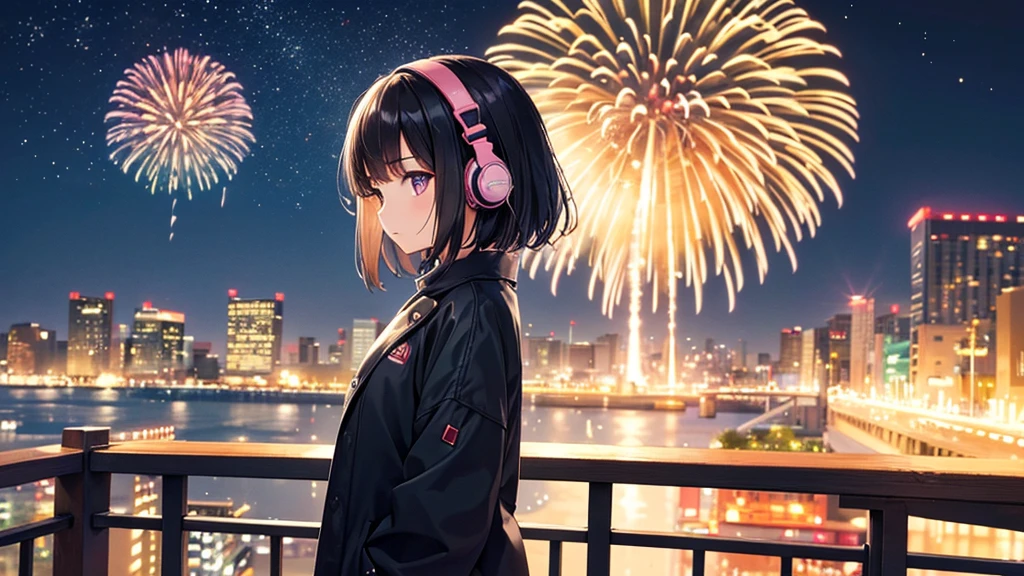 The Osaka fireworks festival is the setting。A young girl with black hair wearing stylish clothes and headphones labeled "lo-fi" The girl is shown in profile, gazing into the distance with a calm, relaxed expression Background depicts the iconic scenery of Namba, Osaka at night, without any text on signs A starry night sky adding to the peaceful atmosphere Overall mood is quiet and serene, perfect for lo-fi music Detailed hair rendering and careful attention to the girl's fashionable outfit The entire scene should evoke a relaxing, introspective feeling associated with lo-fi music