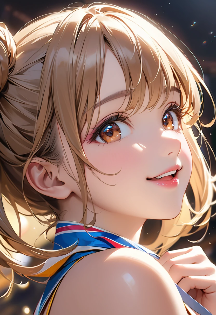 Highest quality, masterpiece, Ultra-high resolution, Realistic:1.2, RAW Photos, Intricate details, Portraiture, Big beautiful brown eyes:1.2, Perfect contours, Perfect proportions:1.2, One Girl, break ((Close-up of the mouth:1.2, from below:1.2, ((side shot:1.5)), (looking back:1.2), looking away:1.2)), ((ite, short, tinrl:1.2)), Light Brown Hair、((twintails:1.2)), (makeup:1.2, full lips:1.3, pink lips:1.3, shiny lips:1.3), (Olympic Gold Medalist:1.2), ((Sleeveless shiny party dress:1.2, Metallic Blue:1.2, High heels)), break ((Place your hands in front of your chest、Show off your gold medal:1.3))、(Happy expression:1.2)、((big smile:1.2))、 (The background is the venue of the awards party.:1.2、Large crowd)
