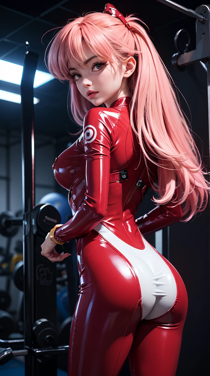 rear view, backside view,Best Quality，tmasterpiece，ultimate resolution，Suave，extremely colorful，Color，Mermaid princess，(souryuu asuka langley:1.4)，(red latex bodysuit:1.4), Black stockings，Starrysky Android!,More detailed 8K.unreal engine:1.4,UHD,La Best Quality:1.4, photorealistic:1.4, skin texture:1.4, masterpiece:1.8,first work, Best Quality,object object], (detailed face features:1.3),(inside a blue gym:1.4),(long pink hair:1.4),（Beautiful and detailed eye description）,(detailed hands), (white sportswear:1.4), Ultra-detailed,(souryuu asuka langley traje red),Ultraphotomicrography,(detailed eyes )