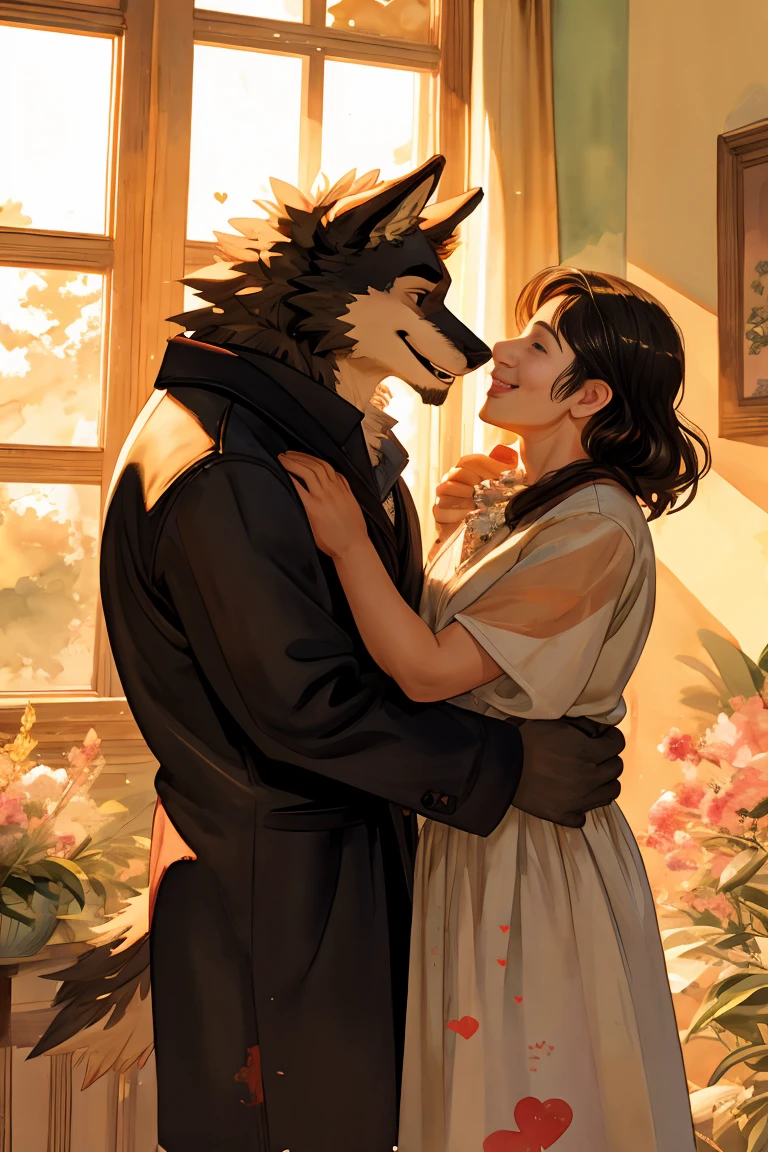 watercolor, Soft color, High definition image, High resolution, Obra maestra incomaboutable, absurdities, Love story between a human adult and a giant werewolf., love romance,, family photography, about, Height difference, physical difference, perfect anatomy, smile, happy, play with, smile, happy, watercolor,
