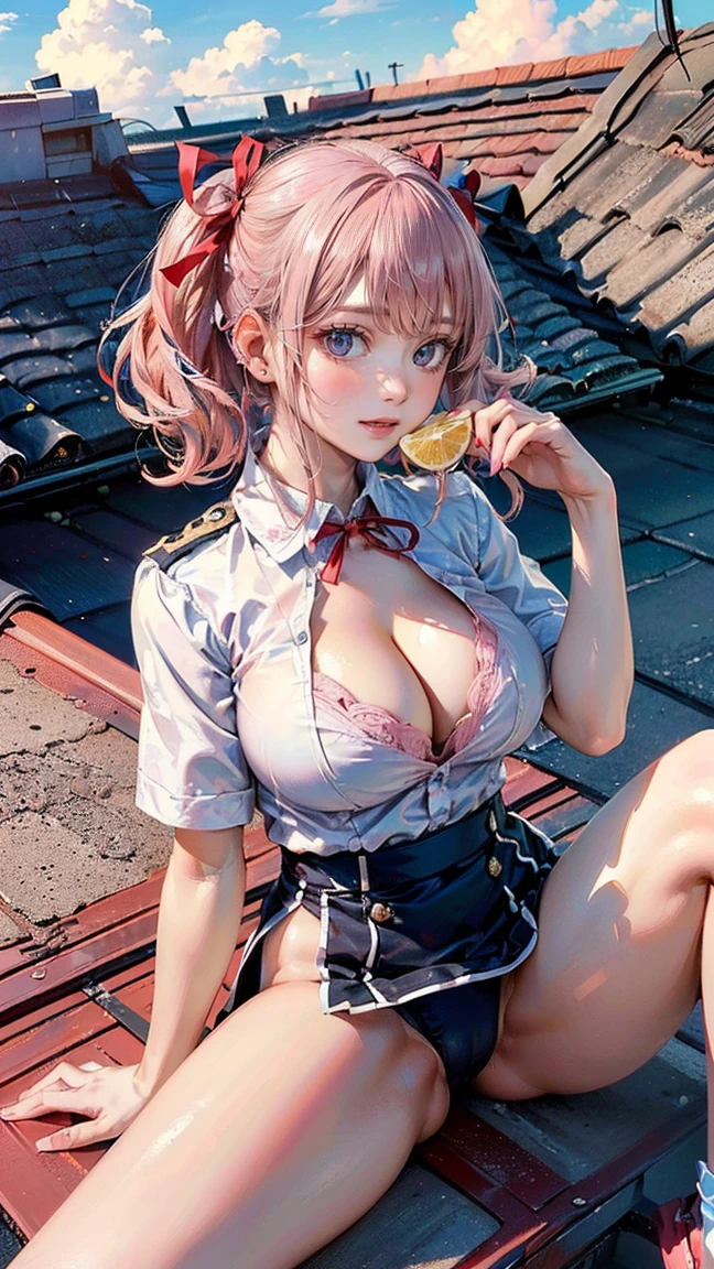 ((Highest quality, 8k, masterpiece :1.3)), (Sharp focus :1.2, Beautiful woman with perfect figure :1.4, Slim Abs), ((Big Breasts, Emphasize cleavage:1.2)), (Photorealistic:1.4), (realistic:1.4), (Pink Hair:1.5), Highly detailed face and skin texture, Fine grain, double eyelid. Makeup face, A little bit of lipstick, sex appeal, Sexy gravure pose, ((A high school girl in uniform、Eating lunch on the school roof。She sat with her legs stretched out、The beauty of your legs stands out。The background is blue sky and white clouds.、The wind is blowing。The red ribbon is an accessory.。:1.3))