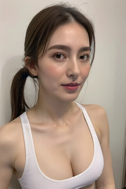 (Highest quality:1.2),(Perfect Beautiful Face 1.2),(Perfect and beautiful posture:1.2),(Attractive female wrestlers:1.2),Big and ample breasts,Black hair ponytail,sports bra too small,(Face close-up:1.2),(Abnormal sweating:1.2),best quality real texture skin,Clear Eyes,Looking into the camera,Kiss the camera,((Cleavage,I sweat a lot in my armpits))Smooth underarm skin,