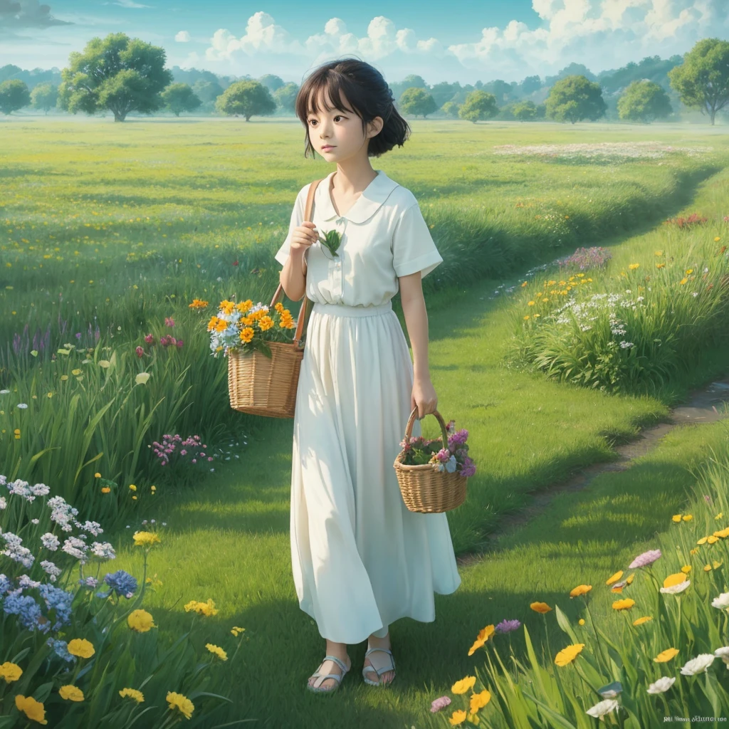 Image Template 1: “Morning Departure”Hayao Miyazaki style. Animation.
1. Background: Lush green meadow with a clear blue sky.
2. Main Characters: An orange and white kitten, Misha.
3. Props: A flower basket.
4. Environmental Details: Soft morning sunlight with dewdrops sparkling on the grass.
5. Colors: Bright and refreshing tones.
Hayao Miyazaki style. Animation.