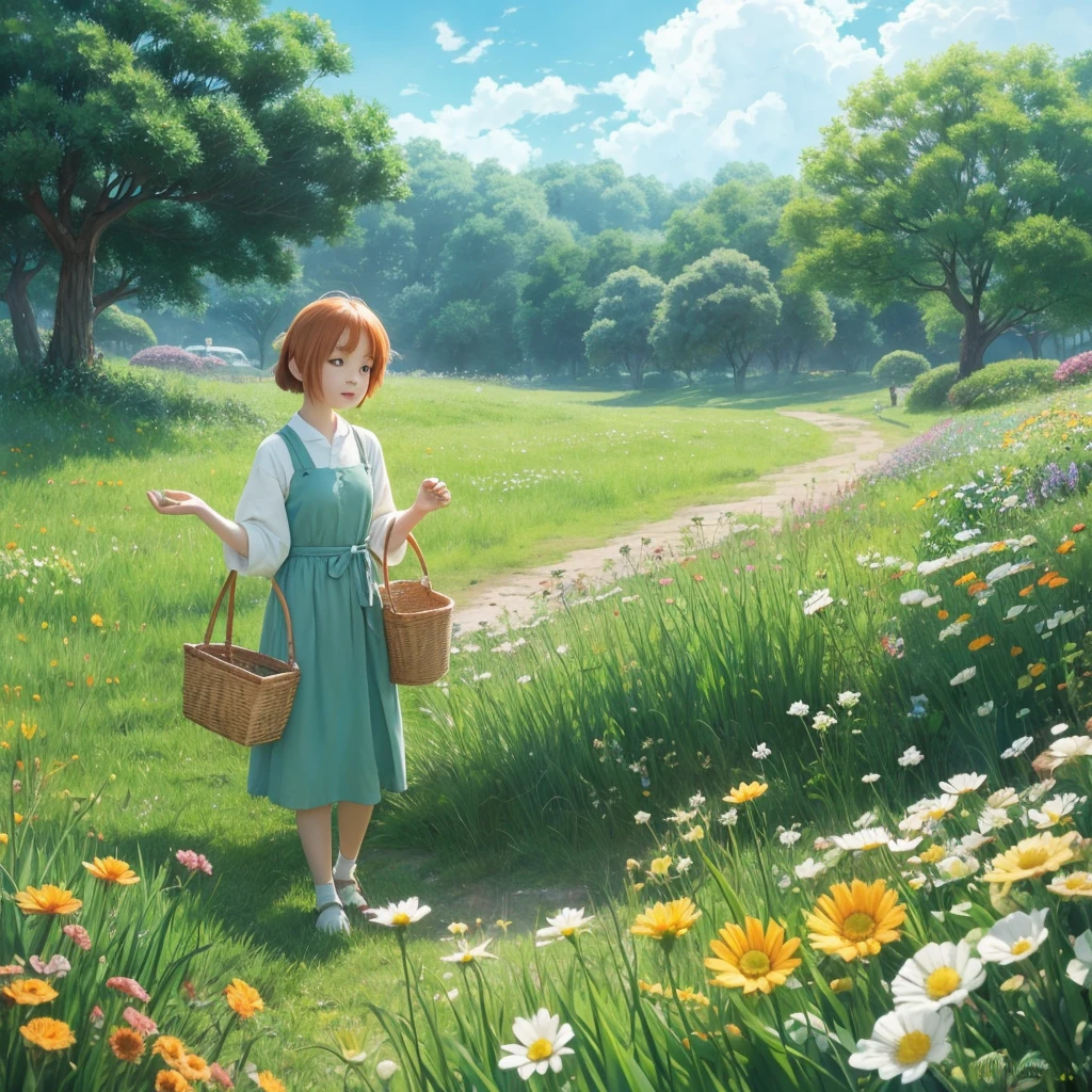 
Image Template 1: “Morning Departure”Hayao Miyazaki style. Animation.

	1.	Background: Lush green meadow with a clear blue sky.
	2.	Main Characters: An orange and white kitten, Misha.
	3.	Props: A flower basket.
	4.	Environmental Details: Soft morning sunlight with dewdrops sparkling on the grass.
	5.	Colors: Bright and refreshing tones.

Hayao Miyazaki style. Animation.