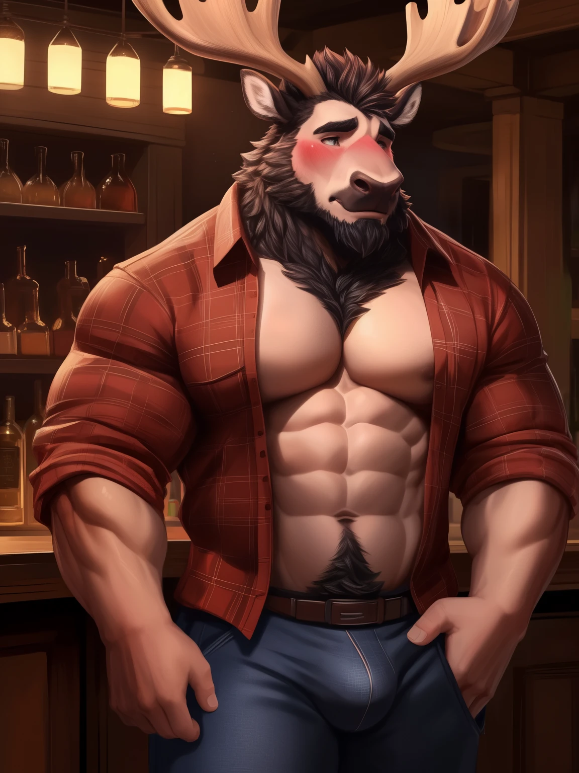 indong, lucusold, lanxus, a teenager guy with a muscle, furry deer wearing ((buttoned up lumberjack shirt :1.2)), big moose antlers, human face, bulge, bar, bartender, six pack, sharp abs, ((shy, blushed cheeks :1.3)), bearded , danbooru and artstation, heavy detailed, handsome, commission for high res, detailed but rough, semirealistic:1.3