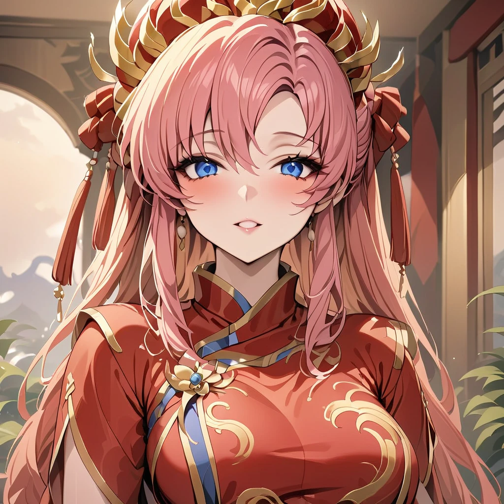 ((Highest quality)), ((masterpiece)), (detailed), (Perfect Face)、The woman with the appearance and hairstyle of an ancient Chinese empress is Lacus Clyne, with blue eyes, semi-long pink hair, wearing a gorgeous red ancient Chinese empress outfit with gold embroidery and trim, a gorgeous empress headdress, and her hair is styled like an ancient Chinese empress.