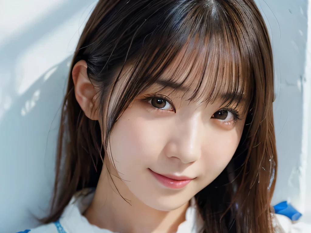 (Highest quality,masterpiece:1.3,Ultra-high resolution),(Very detailed,Caustics,8k),(Realistic:1.4,RAW shooting),Japanese,23 years old,cute,Are standing,(I'm looking at the camera with a smile on my face),Black Hair Medium Hair,White blouse,Knee-length skirt,street,Low - Angle,Cowboy Shot,Face Focus,Face close-up,Soft sunlight,Natural light,Long Hair、In front of a white wall