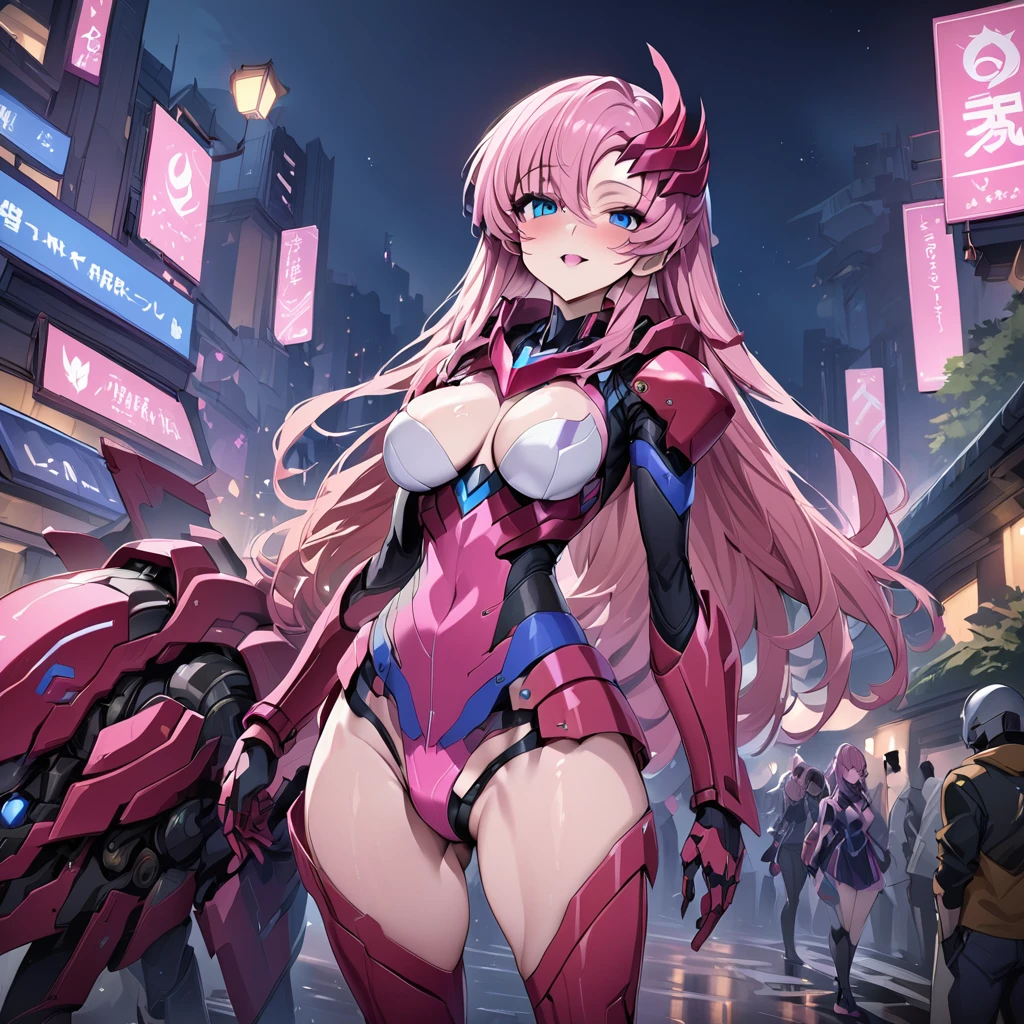 ((Highest quality)), ((masterpiece)), (detailed), (Perfect Face)、The cyborg woman whose entire body is mechanical is Lacus Clyne, a beautiful female warrior with blue eyes, semi-long pink hair, and a cyborg body whose entire body is mechanical except for her head.、In the nighttime city of the near future, there is a female cyborg whose entire body is made of machinery.、Complete Mechanical Warrior Woman