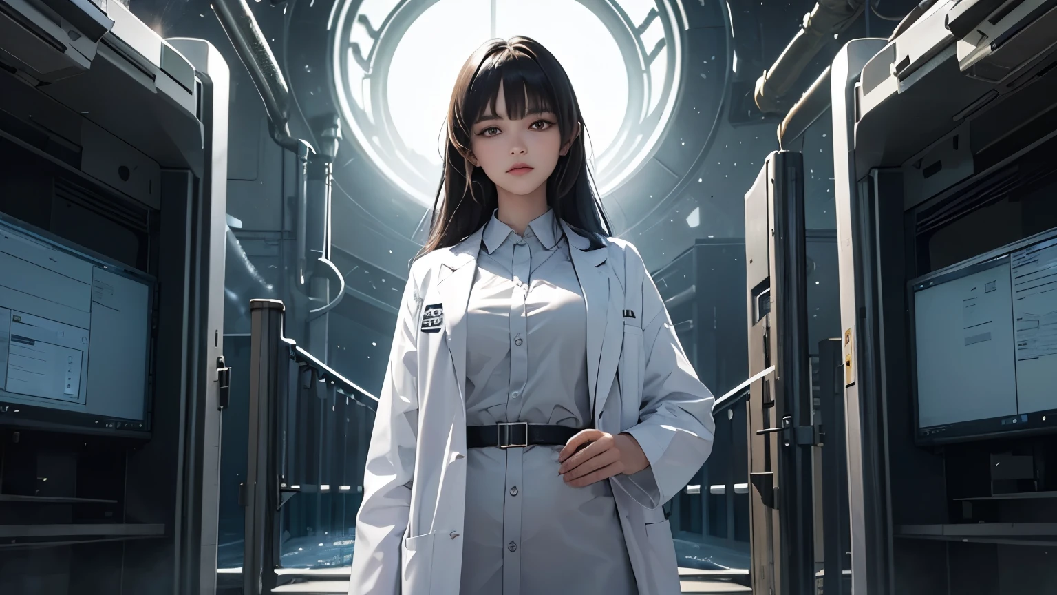 A beautiful woman. Twenty years old. She has her bangs down. She is looking at the camera with a defiant expression. She is wearing a researcher's lab coat. A gate leading to another world opens in the space behind her.