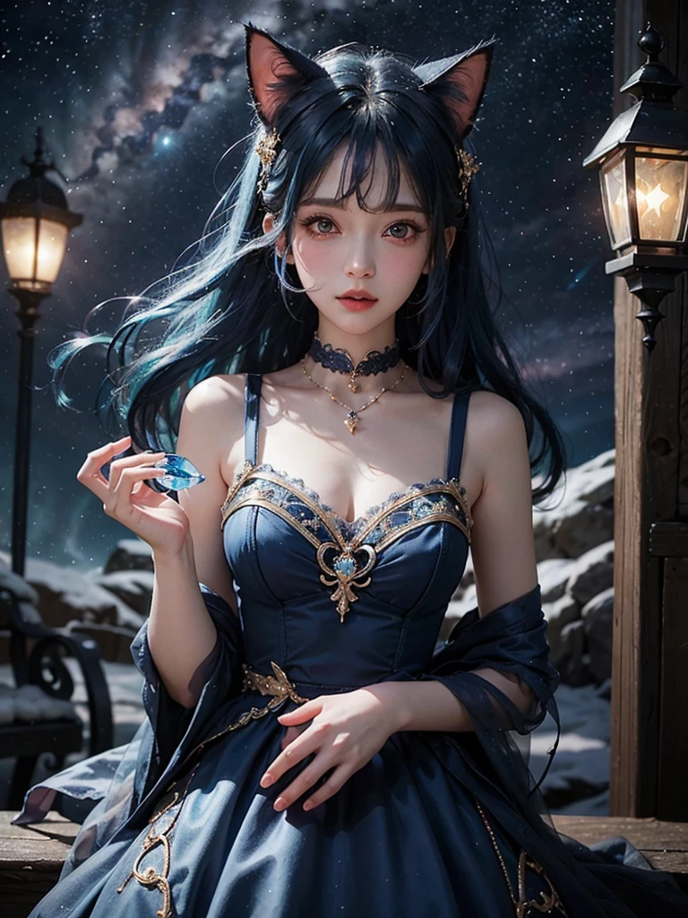 Ultra HD、A beautiful blue-haired character、Cat ear、Upper Body、Big eyes、Big eyes、Round eyes、fortune teller、Holding a blue crystal in both hands、Red burning cheeks、Night scene with starry sky background、Wearing a gorgeous dress、Subtle details、A fantastic atmosphere、Anime style