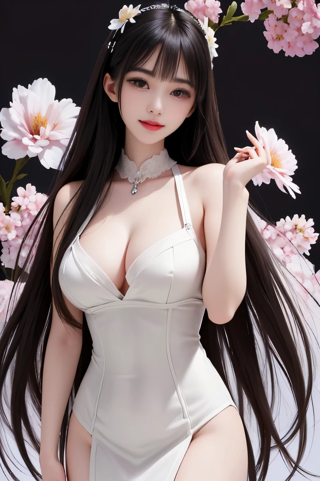 best quality、tmasterpiece、ultra high resolution、actual、1 girl、Glossy skin、((Surreal detailed))、Global photo、8K、Highly complex details、shinning eyes、Black straight hair、highkey、pureerosfaceace_v1、A smile、Elegant pose、plump breasts、White ultra-thin transparent lace、Lots of flowers in the background