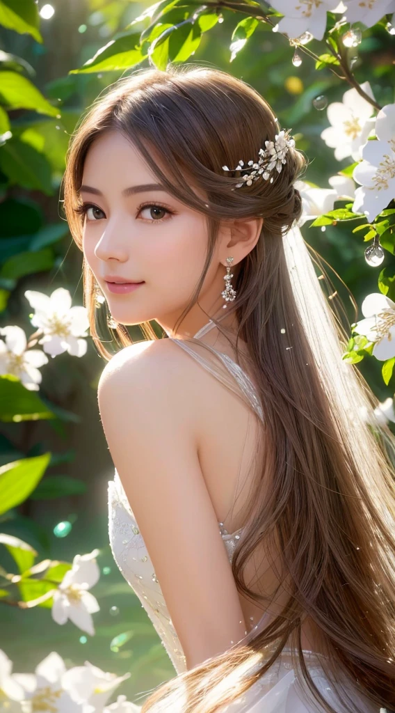 (Best quality,4K,A high resolution,Ultra-detailed,Realistic:1.37),Vivid colors,Sunlight,llight rays,bergamot,white blossoms,Beautiful girl,Exquisite features,Flowing hair,Serene expression,Garden setting,Elaborate dress,Soft sunlight,Gentle breeze,Cheerful ambiance,Backlit scene,a hint of smile,ethereal glowing,Fresh in the morning,Long shadows,harmony of nature,subtle reflections,Natural beauty,Twinkling dewdrops,Clear detail,serenity and calm,Sublime ingredients,Arrive at the branch,whispering leaves,Aromatherapy petals,with light glowing,Sparkling highlights,Subtle shadows,Soft focus,Sublime beauty,Whisper natural,Fantastical Atmosphere,Illuminated background.