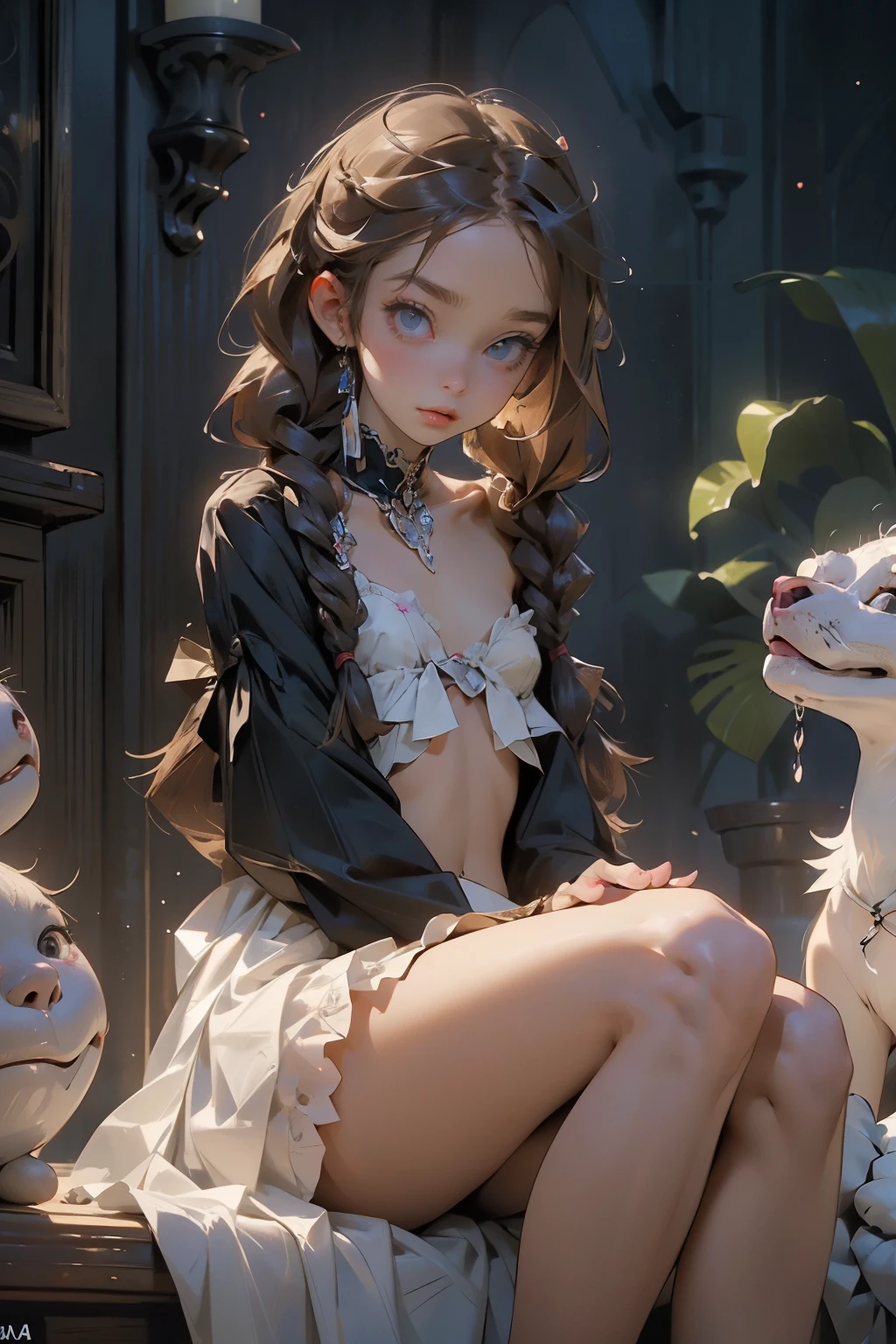  ((best quality)), ((masterpiece)), (detailed), 1girl, off-shoulder, little tribal,(((little ,small))),(round face),(little chest),(big forhead:1.2),(beautiful big eyes:1.3),extremely detailed cute anime face, (((flat chest))),((((long twin braids,tight braids,long braid,braided hair,long hime cut,colored inner hair)))),intricate eyes,beautiful detailed eyes,symmetrical eyes,((((lustrous skin:1.5,bright skin: 1.5,shiny skin,very shiny skin,shiny body,Reflective skin)))),(((detailed face))),beautiful detailed lips,(nsfw)), highres,(best quality),(ultra detailed,extremely detailed),perfect face details, ((masterpiece:1.4, best quality))+, (ultra detailed)+, long twintails, (white thighhighs), cute girl, (flat :1.3), small  (flat :1.3), NSFW，Fine details, , small , prominent collarbones, skinny arms, flat stomach, visible hip bones, long hair, ponytail, thick ponytail, heavy ponytail, red and white clothing, Bloodborne inspired, occult aesthetic, occult, detailed and intricate steampunk and detailed gothic,  Fluttering lace frilly petticoats, pleated petticoats, very skinny, detailed, best quality, no accesoires around the neck, no shoes, prominent collarbones, skinny arms, flat stomach, visible hip bones, red and white clothing, Bloodborne inspired, occult aesthetic, occult, detailed and intricate steampunk and detailed gothic, , Very dramatic and cinematic lighting, cosmic horror, grim-dark, side-lighting, perfect face, , Fluttering lace flared long knee length dress with frilly petticoats, knee length dress, pleated petticoats, petticoats gothic, complex lace boots, side-lighting, gothic lolita aesthetic
small , a fairy, various different types of insect wings, 
