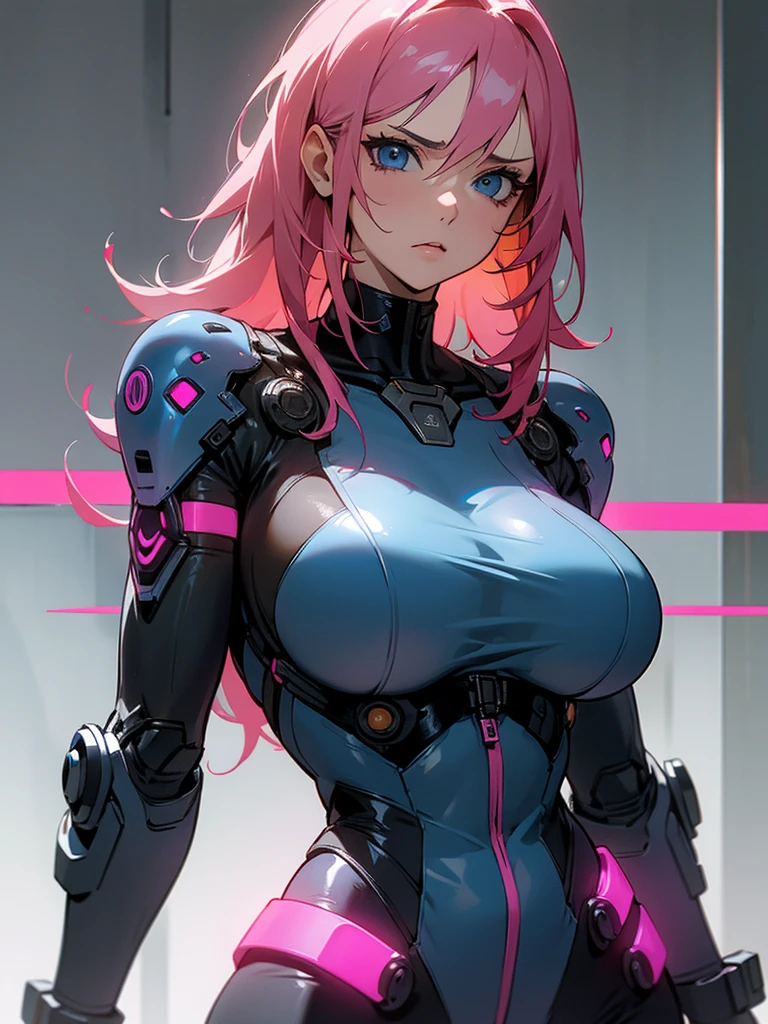fake big breats, blue eyes detailed 8k , Mulher madura in metal gear rising raiden body details, bust photo, big pink hair, shining blue eyes, wearing a mustard yellow jumpsuit, breasts big, looking 35 years old, eye on the spectator, look to the camera, , The background is a cyberpunk city, Expression of vengeance, facefocus, facing the front, focus on bust, massive tits, digital circuit tatoo on face