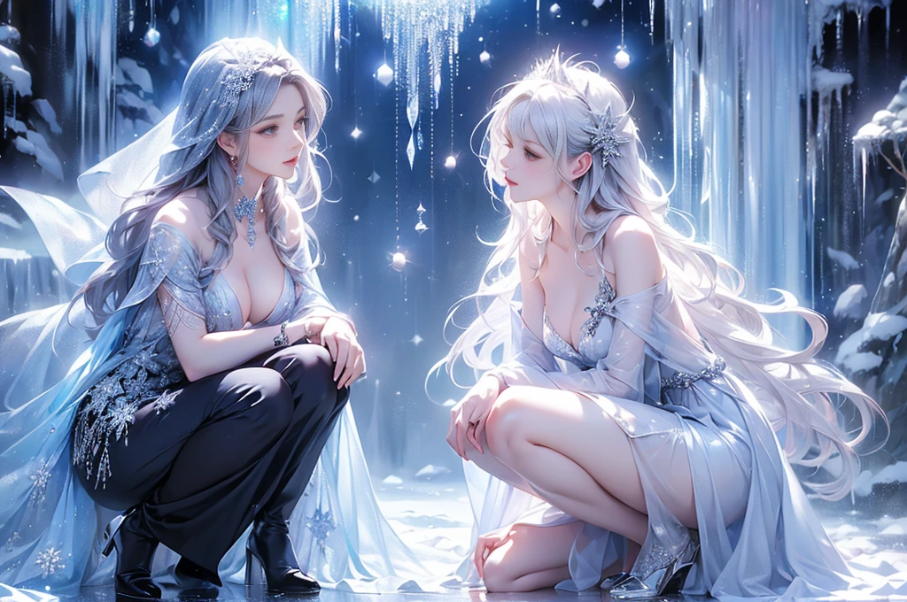 (up from the knees image:1.5)wood, Exquisite mini ice spikes and crystals, Frozen waterfall in the background, Light reflected by ice crystals, Flowing snowflakes.1 girl, Beautiful woman、pretty girl,A realistic person,Beautiful cleavage,small breasts