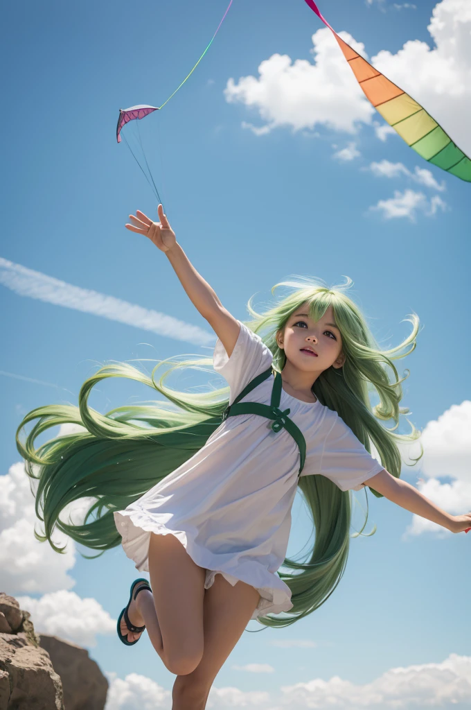 Lila flying a kite with her green hair flowing in the breeze.