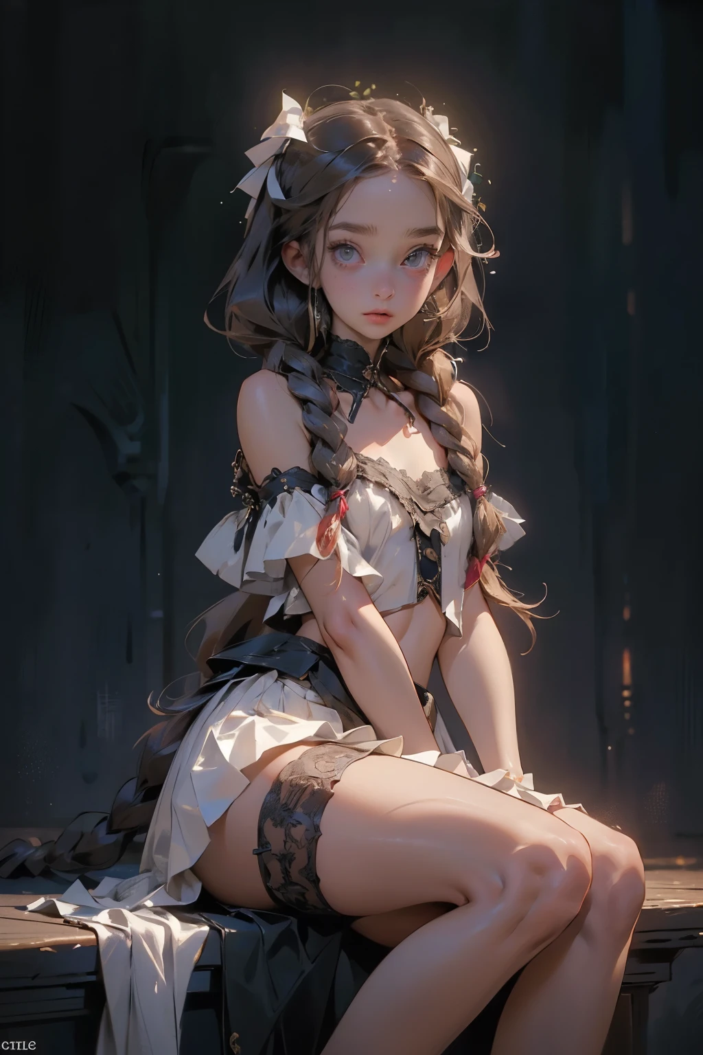  ((best quality)), ((masterpiece)), (detailed), 1girl, off-shoulder, little tribal,(((little ,small))),(round face),(little chest),(big forhead:1.2),(beautiful big eyes:1.3),extremely detailed cute anime face, (((flat chest))),((((long twin braids,tight braids,long braid,braided hair,long hime cut,colored inner hair)))),intricate eyes,beautiful detailed eyes,symmetrical eyes,((((lustrous skin:1.5,bright skin: 1.5,shiny skin,very shiny skin,shiny body,Reflective skin)))),(((detailed face))),beautiful detailed lips,(nsfw)), highres,(best quality),(ultra detailed,extremely detailed),perfect face details, ((masterpiece:1.4, best quality))+, (ultra detailed)+, long twintails, (white thighhighs), cute girl, (flat chest:1.3), small breasts (flat chest:1.3), NSFW，Fine details, NSFW, small breasts, prominent collarbones, skinny arms, flat stomach, visible hip bones, long hair, ponytail, thick ponytail, heavy ponytail, red and white clothing, Bloodborne inspired, occult aesthetic, occult, detailed and intricate steampunk and detailed gothic, NSFW Fluttering lace frilly petticoats, pleated petticoats, very skinny, detailed, best quality, no accesoires around the neck, no shoes, prominent collarbones, skinny arms, flat stomach, visible hip bones, red and white clothing, Bloodborne inspired, occult aesthetic, occult, detailed and intricate steampunk and detailed gothic, NSFW, Very dramatic and cinematic lighting, cosmic horror, grim-dark, side-lighting, perfect face, NSFW, Fluttering lace flared long knee length dress with frilly petticoats, knee length dress, pleated petticoats, petticoats gothic, complex lace boots, side-lighting, gothic lolita aesthetic
small breasts, a fairy, various different types of insect wings, NSFW
