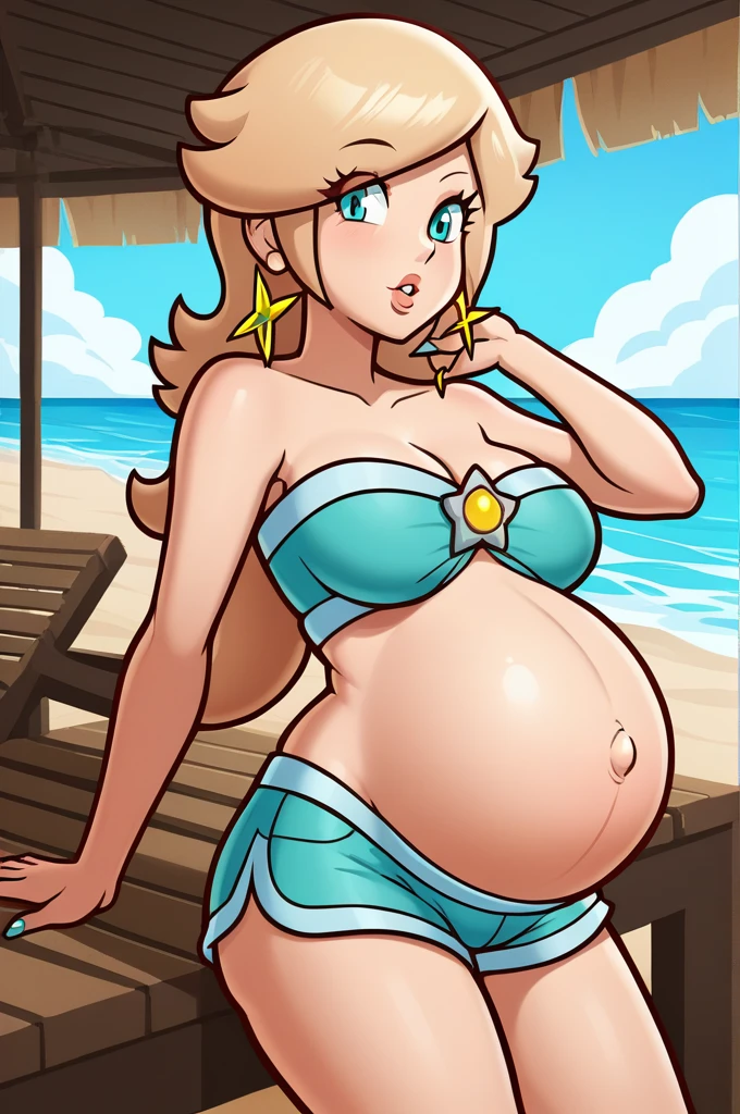 score_9, score_8_up, 1girl, solo, rosalina, style parody, thick outlines, blue bikini, shorts, pregnant belly, sleeveless, strapless, cleavage, indoors, beach, 