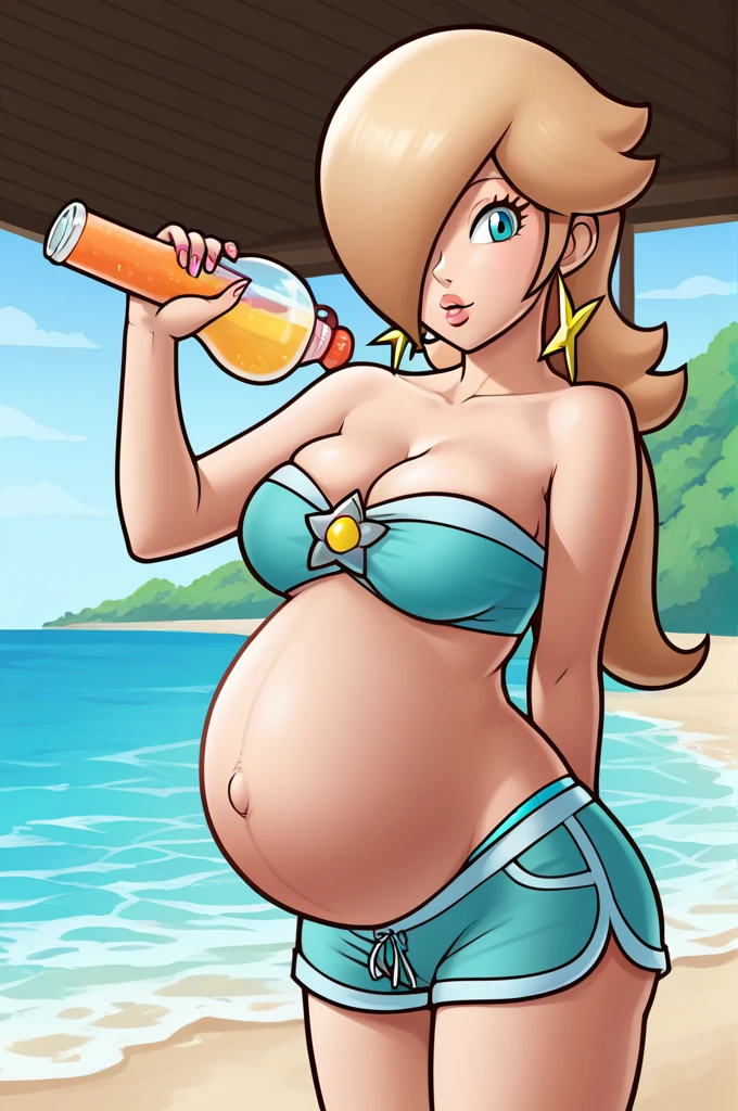 score_9, score_8_up, 1girl, solo, rosalina, style parody, thick outlines, blue bikini, shorts, pregnant belly, sleeveless, strapless, cleavage, indoors, beach, 