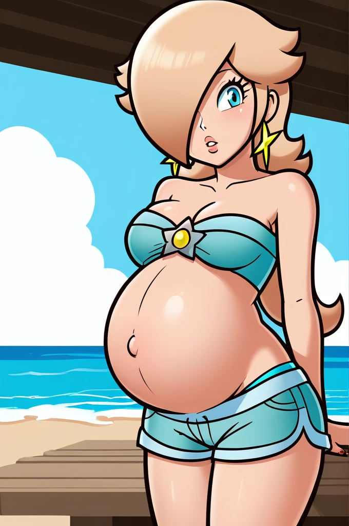 score_9, score_8_up, 1girl, solo, rosalina, style parody, thick outlines, blue bikini, shorts, pregnant belly, sleeveless, strapless, cleavage, indoors, beach, 