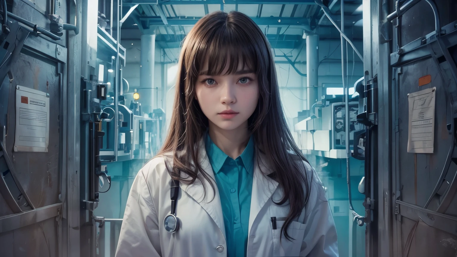A beautiful woman. Twenty years old. She has her bangs down. She is looking at the camera with a defiant expression. She is wearing a researcher's lab coat. A gate leading to another world opens in the space behind her.