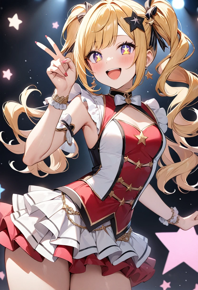 (masterpiece, top quality, very aesthetic, 4k、illustration), intricate detail, 1woman,contrapposto 、,(cowboy shot)、v sign,(star-shaped pupils),Cute 、Open mouth happy smile、Random Hairstyle、Random Hair Color、,middle hair,sidelock ,Random Color　eyes、idol clothes、small breasts、Slim 、