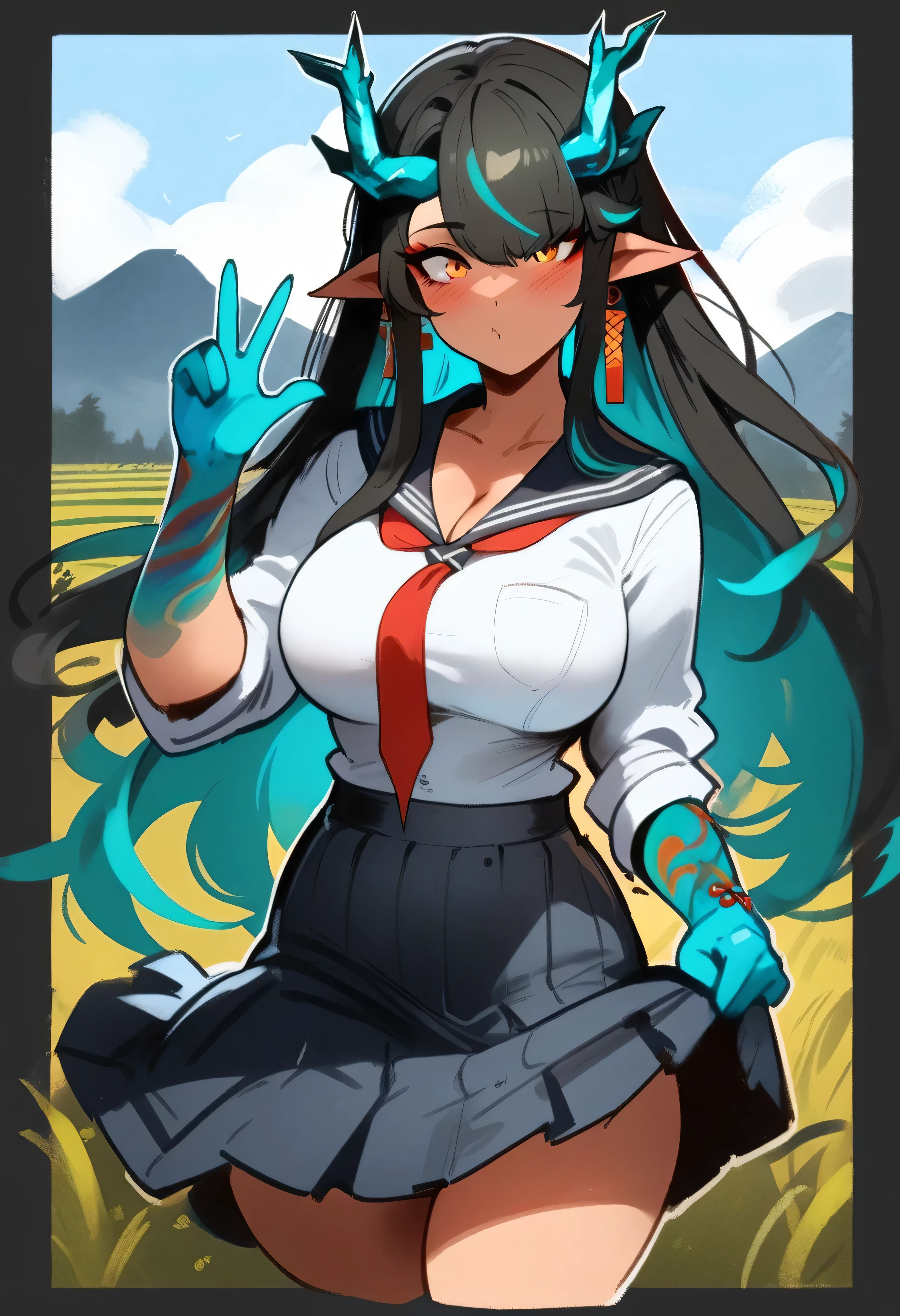 1girl, dusk \(arknights\), arknights \\\\\ masterpiece, best quality, newest, orange eyes, black hair, horns, ///// by nyantcha, , by khyle, cutesexyrobutts \\\\\ turquoise hands, hands and forearms turquoise, , ,large breasts, black pleated skirt, black sailor collar, thin waist,(school outfit:1.2), straight-on, , cowboy shot, cropped legs, mountains, solo, rice field, solo, blush, wind, , cleavage,W, lifted skirt, wind lift