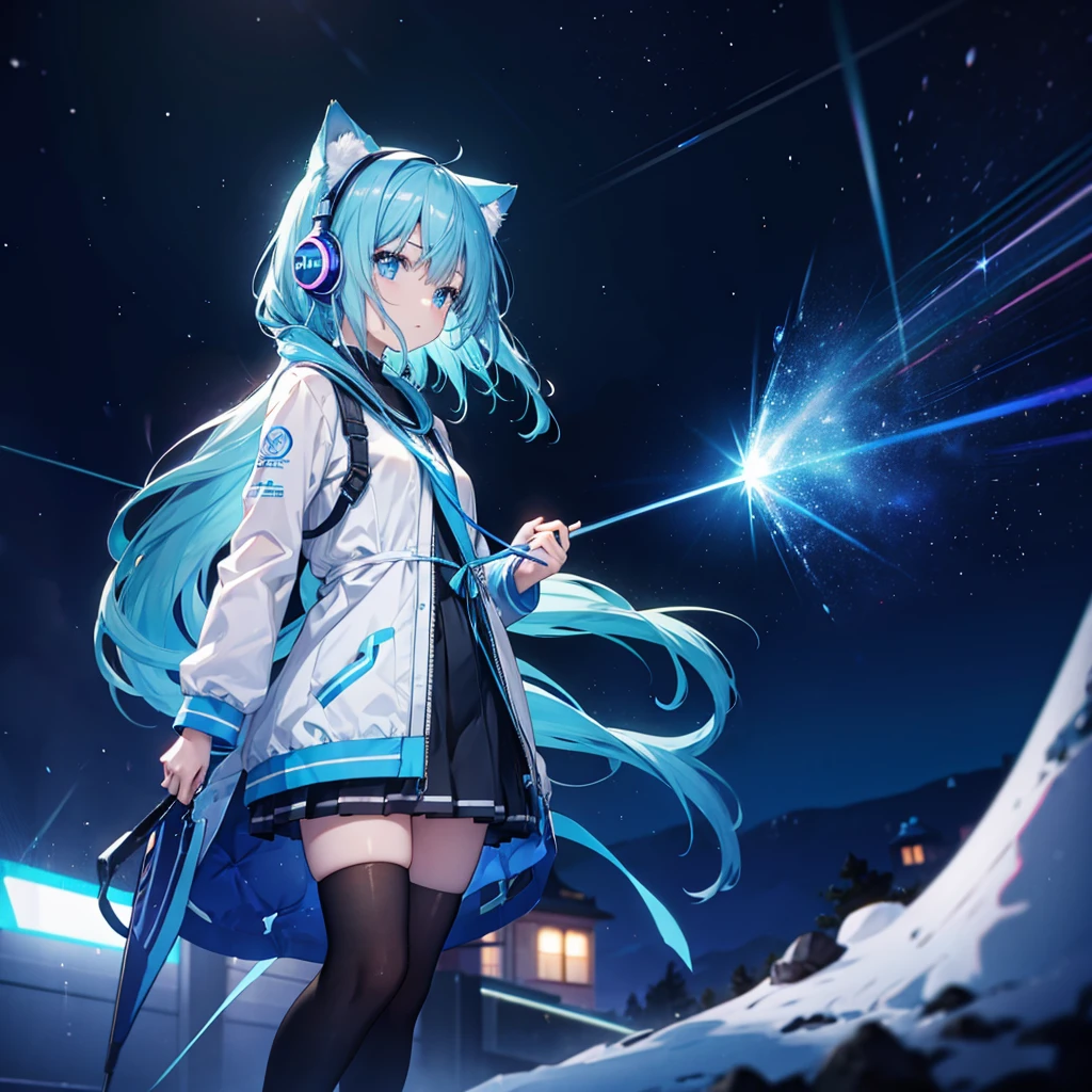 (((((胸の前でShine星を持つ、Pop design、blue))))) ((((Neon blue hair、Long Hair Neon blue eyes、Shine Cat ear Headphones)))) (((Port Bra、black Long tights、Short socks、Asymmetric))) ((Galaxy Background about)) (Catch the wind Aurora Shine紫色の背景 Particles of light, Shineエッジ Low Angle)