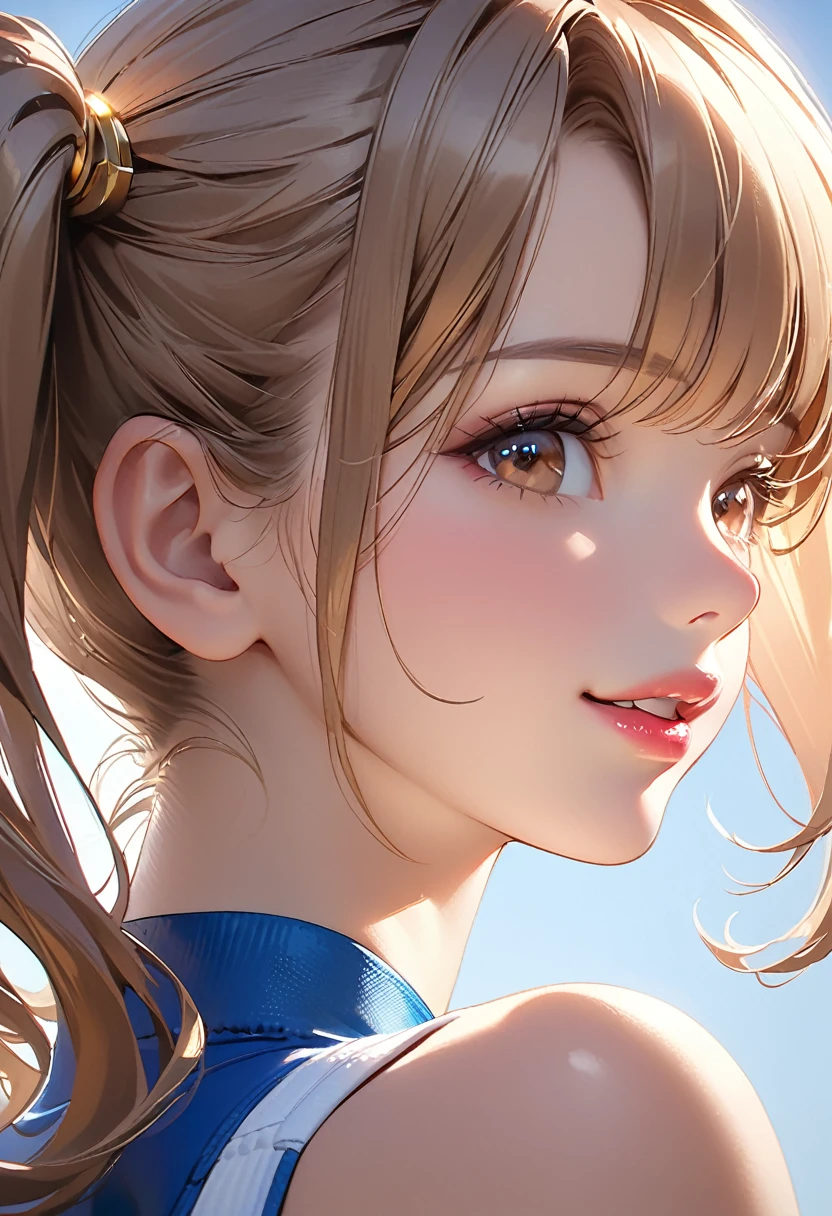 Highest quality, masterpiece, Ultra-high resolution, Realistic:1.2, RAW Photos, Intricate details, Portraiture, Big beautiful brown eyes:1.2, Perfect contours, Perfect proportions:1.2, One Girl, break ((Close-up of the mouth:1.2, from below:1.2, ((side shot:1.5)), (looking back:1.2), looking away:1.2)), ((petite, short, tiny girl:1.2)), Light Brown Hair、((twintails:1.2)), (makeup:1.2, full lips:1.3, pink lips:1.3, shiny lips:1.3), (Olympic Gold Medalist:1.2, Kiss the medal:1.2), ((Sleeveless Sportswear:1.2, Metallic Blue:1.2)), break (Happy expression:1.2)、((big smile:1.2))、 (Background is the award ceremony、Large crowd)