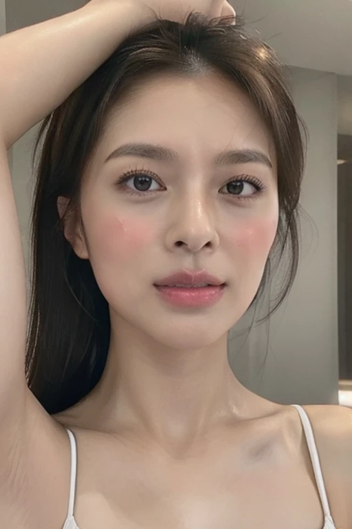 (Highest quality:1.2),(Perfect Beautiful Face 1.2),(Perfect and beautiful posture:1.2),(Attractive female wrestlers:1.2),Big and ample breasts,Black hair ponytail,sports bra too small,(Face close-up:1.2),(Abnormal sweating:1.2),best quality real texture skin,Clear Eyes,Looking into the camera,Kiss the camera,((Cleavage,I sweat a lot in my armpits))Smooth underarm skin,