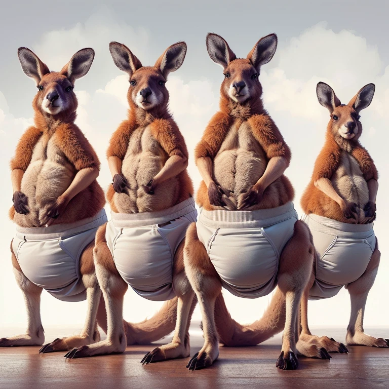 three kangaroos in diapers standing on a wooden surface, kangaroos, subject : kangaroo, subject: kangaroo, surreal hybrid animals, kangaroo, spy kangaroo, underwear ad, six-pack, six pack, six packs, 6 pack, funny illustration, ultrarealistic illustration, many legs, funny weird illustration, creative photo manipulation, a hyper realistic, hyper-realistic