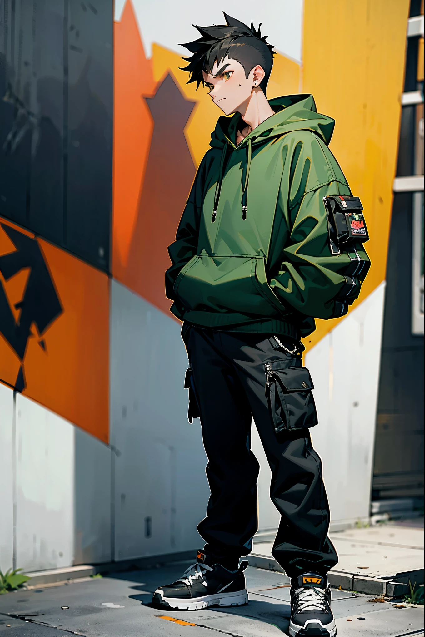 1male, spiky black hair, dark brown eyes, wearing a green hoodie, baggy cargo pants, black sneakers, standing in an urban park, surrounded by graffiti art, casual expression, hands in pockets.