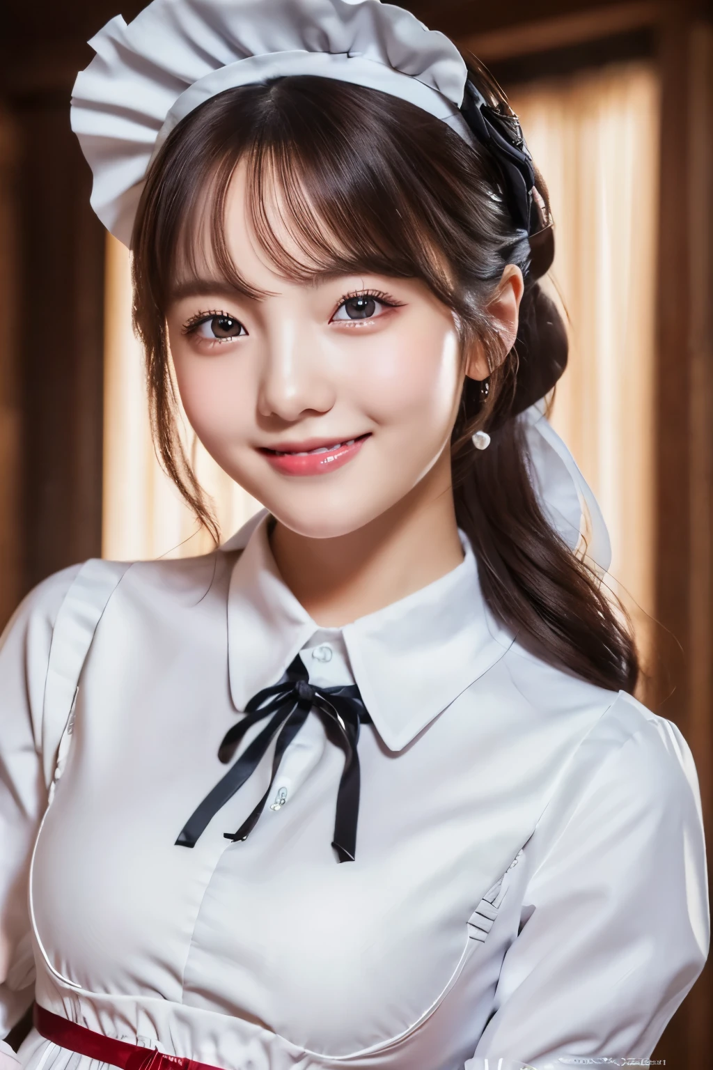 1 girl, Super cute, wonderful face and eyes, (beautiful nice smile), (Highly detailed beautiful face), bright and shiny lips, please keep looking at me, super beautiful, (highest quality:1.4), (hyper quality), (super detailed), (surreal), real skin texture, Highly detailed CG integrated 8k wallpaper, RAW photo, professional photos, cinematic lighting、(((Maid clothes)))