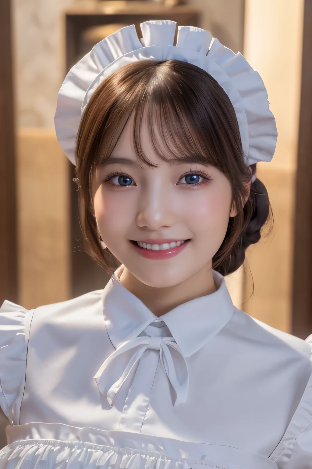 1 girl, Super cute, wonderful face and eyes, (beautiful nice smile), (Highly detailed beautiful face), bright and shiny lips, please keep looking at me, super beautiful, (highest quality:1.4), (hyper quality), (super detailed), (surreal), real skin texture, Highly detailed CG integrated 8k wallpaper, RAW photo, professional photos, cinematic lighting、(((Maid clothes)))