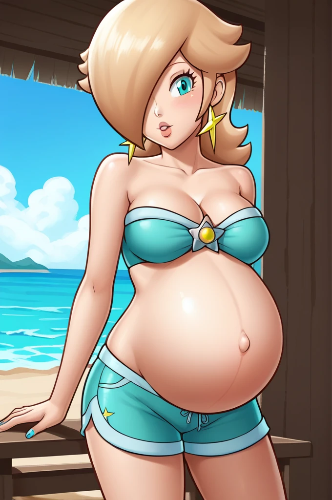 score_9, score_8_up, 1girl, solo, rosalina, style parody, thick outlines, blue bikini, shorts, pregnant belly, sleeveless, strapless, cleavage, indoors, beach, 