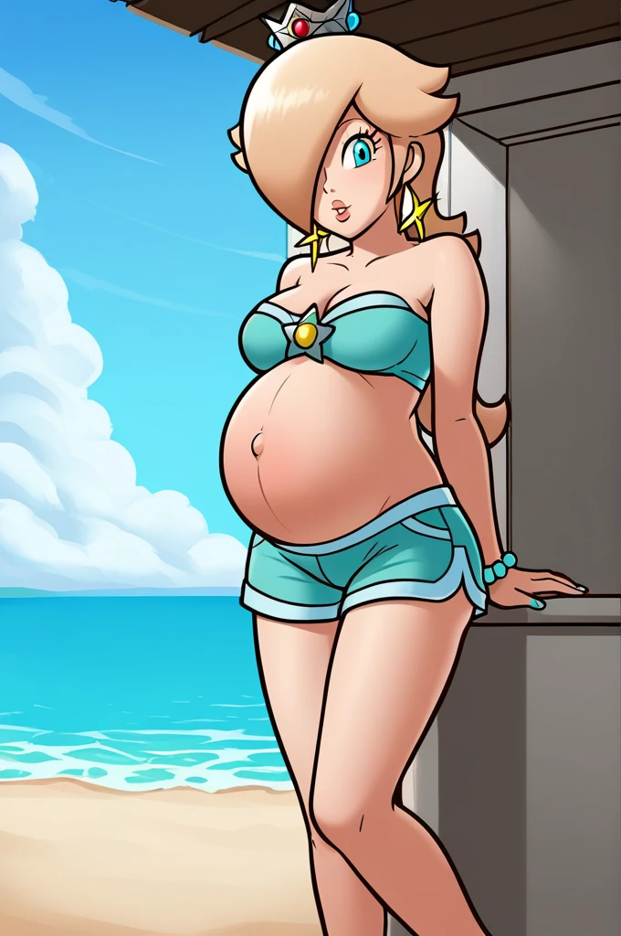 score_9, score_8_up, 1girl, solo, rosalina, style parody, thick outlines, blue bikini, shorts, pregnant belly, sleeveless, strapless, cleavage, indoors, beach,