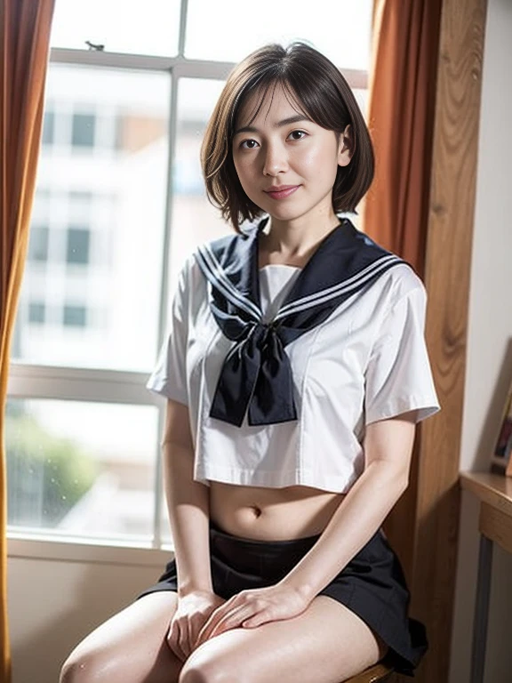 、(masterpiece、Highest quality)、Highest quality, Ultra-high resolution, (((masterpiece))), alone, Sweat、Big eyes, Composition from the front、Shortcuts、Embarrassed face、Blonde Hair、Cut your hair short、School classroom、Sailor suit、skirt、short hair、Browsing Caution、Upper body naked、Breasts exposed、Nipples、Large areola、Sitting in a chair without a backrest、Internal Medicine Examination、Woman showing her body、belly button、真Composition from the front、School Insurance Office、curtain、cubicle、window、door、Fluorescent lamp