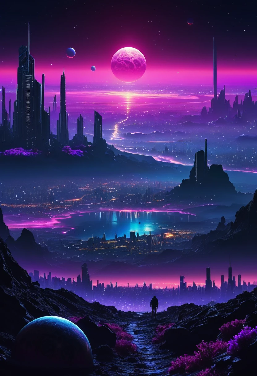 Create a view of a multi gigantic or small planets setting over the horizon in space as seen through the dense atmosphere of the surface of a planet with a city filled with neon lights on the surface , sky with nocturnal and dense cold and lilac atmosphere, surreal image, Science fiction, dark atmospher, cyberpunk style at night in the distance, space is dark and you can only see the silhouette of one side of the planet through the dense atmosphere, Total dark, dark horizon, penumbra, as realistic as possible, dim ambient light, Dappled Light.