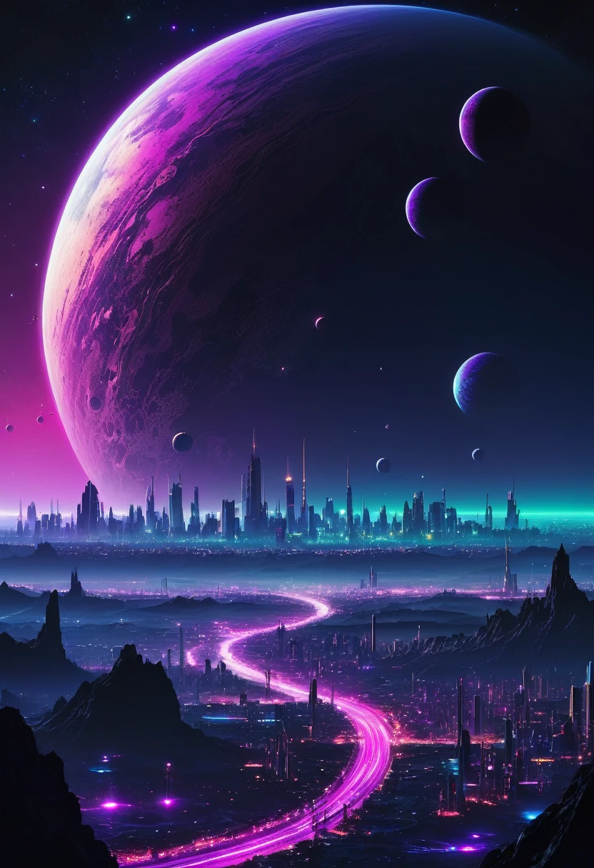 Create a view of a multi gigantic or small planets setting over the horizon in space as seen through the dense atmosphere of the surface of a planet with a city filled with neon lights on the surface , sky with nocturnal and dense cold and lilac atmosphere, surreal image, Science fiction, dark atmospher, cyberpunk style at night in the distance, space is dark and you can only see the silhouette of one side of the planet through the dense atmosphere, Total dark, dark horizon, penumbra, as realistic as possible, dim ambient light, Dappled Light.