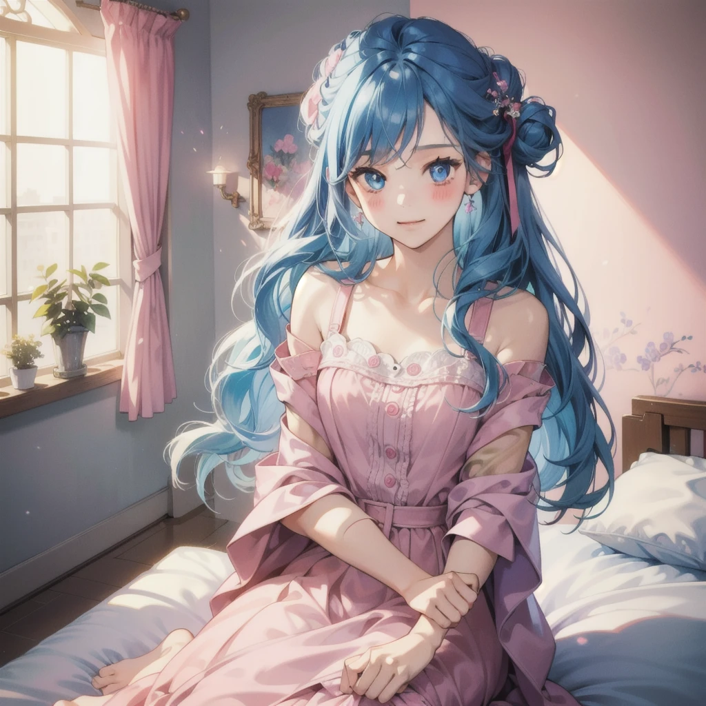 ((masterpiece)), (best quality), (detailed), (1girl), long blue hair, blue eyes, updo, pink dress, happy, school dormitory, bunk bed