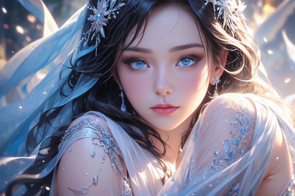 a beautiful young woman, snow crystals, frozen waterfall, ice spikes, reflections in ice crystals, snowflakes, 1 girl, beautiful detailed eyes, beautiful detailed lips, extremely detailed eyes and face, long eyelashes, realistic human, small breasts, (best quality,4k,8k,highres,masterpiece:1.2),ultra-detailed,(realistic,photorealistic,photo-realistic:1.37),HDR,UHD,studio lighting,ultra-fine painting,sharp focus,physically-based rendering,extreme detail description,professional,vivid colors,bokeh,fantasy,conceptart
