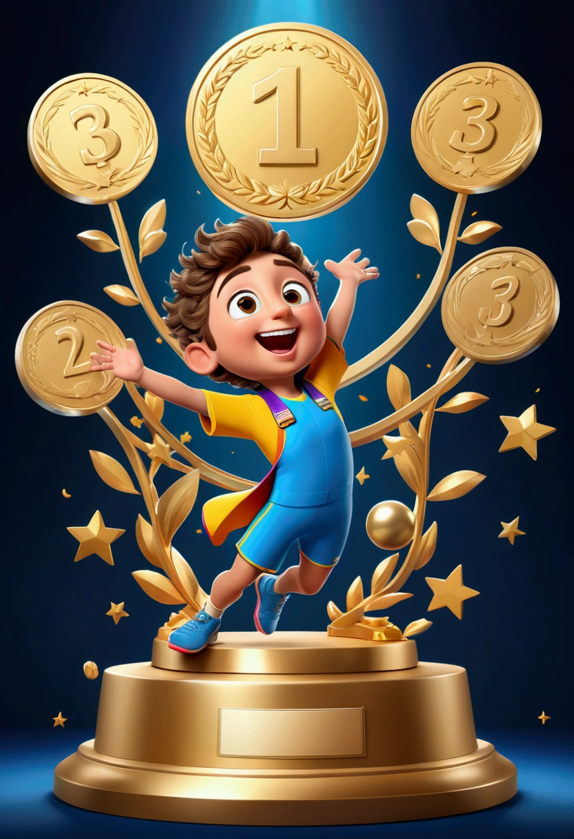 (Award-Winning Moment, podium, gold medal or trophy), in the style of playful cartoon illustration, realistic, hyper-detailed rendering, interactive media, joyful chaos, full body, award-winning, cinematic still, emotional, vignette, dynamic, vivid, (masterpiece, best quality, photorealistic, Professional, perfect composition, very aesthetic, absurdres, ultra-detailed, intricate details:1.3)