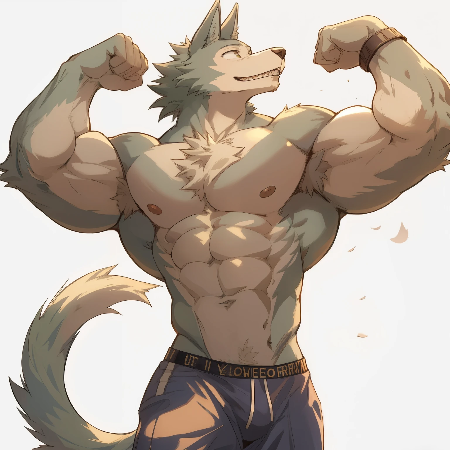 Legoshi, beastars, muscular, lobo, the second, large pectorals, venous muscles, Huge muscles, flexing, wearing speedo, smilin, thin waist, flexing,  smiling, Very Buff, very muscular, nice Pecs. Detailed Abs, anatomically_correct, masterpiece, realistic, best quality, muscular male.(by zelimir-zhenelov)