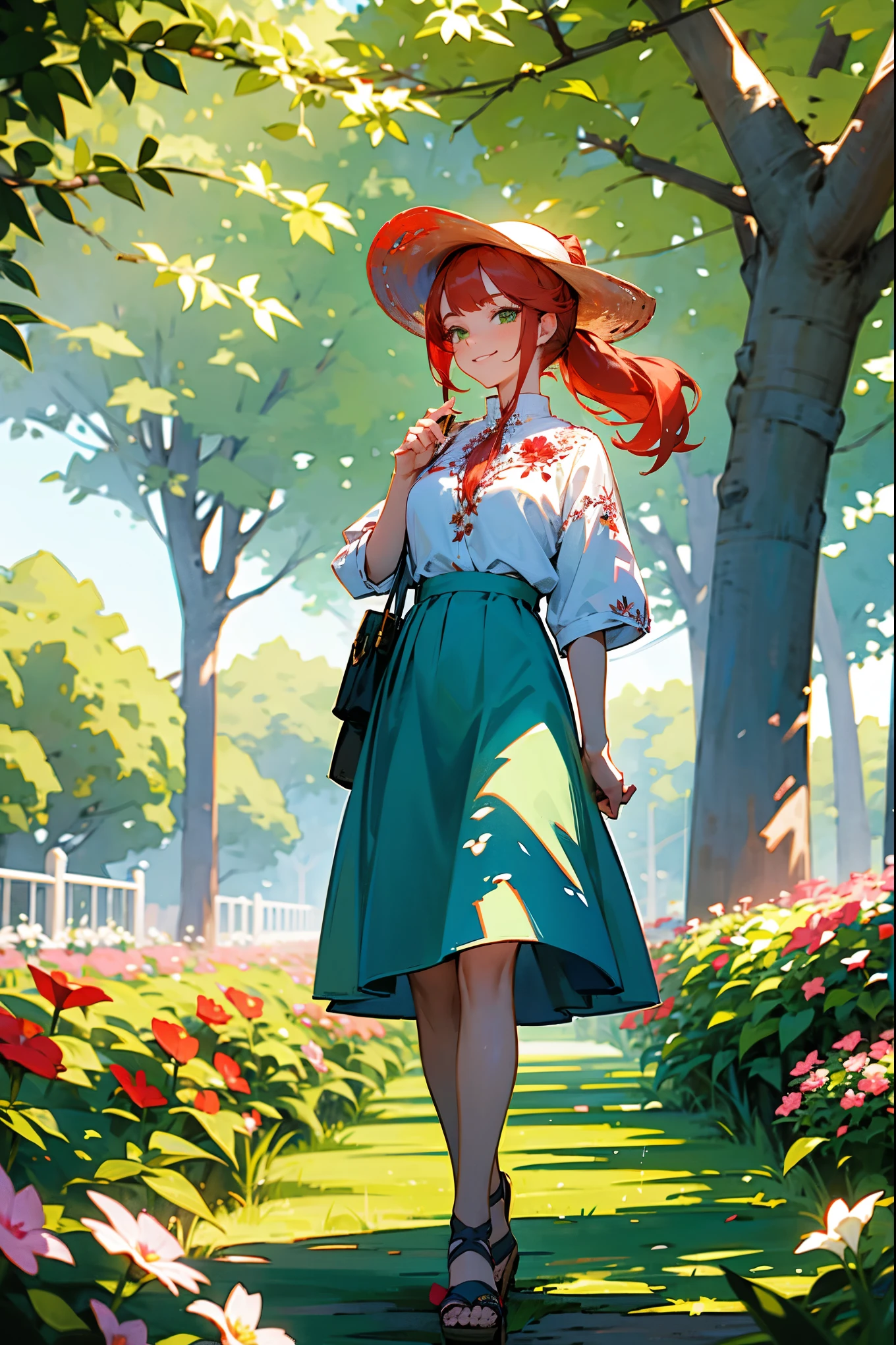 1female, red hair in a high ponytail, green eyes, wearing a white blouse with embroidery, a blue skirt, brown sandals, standing in a flower garden, sunlight filtering through trees, holding a sunhat, smiling softly