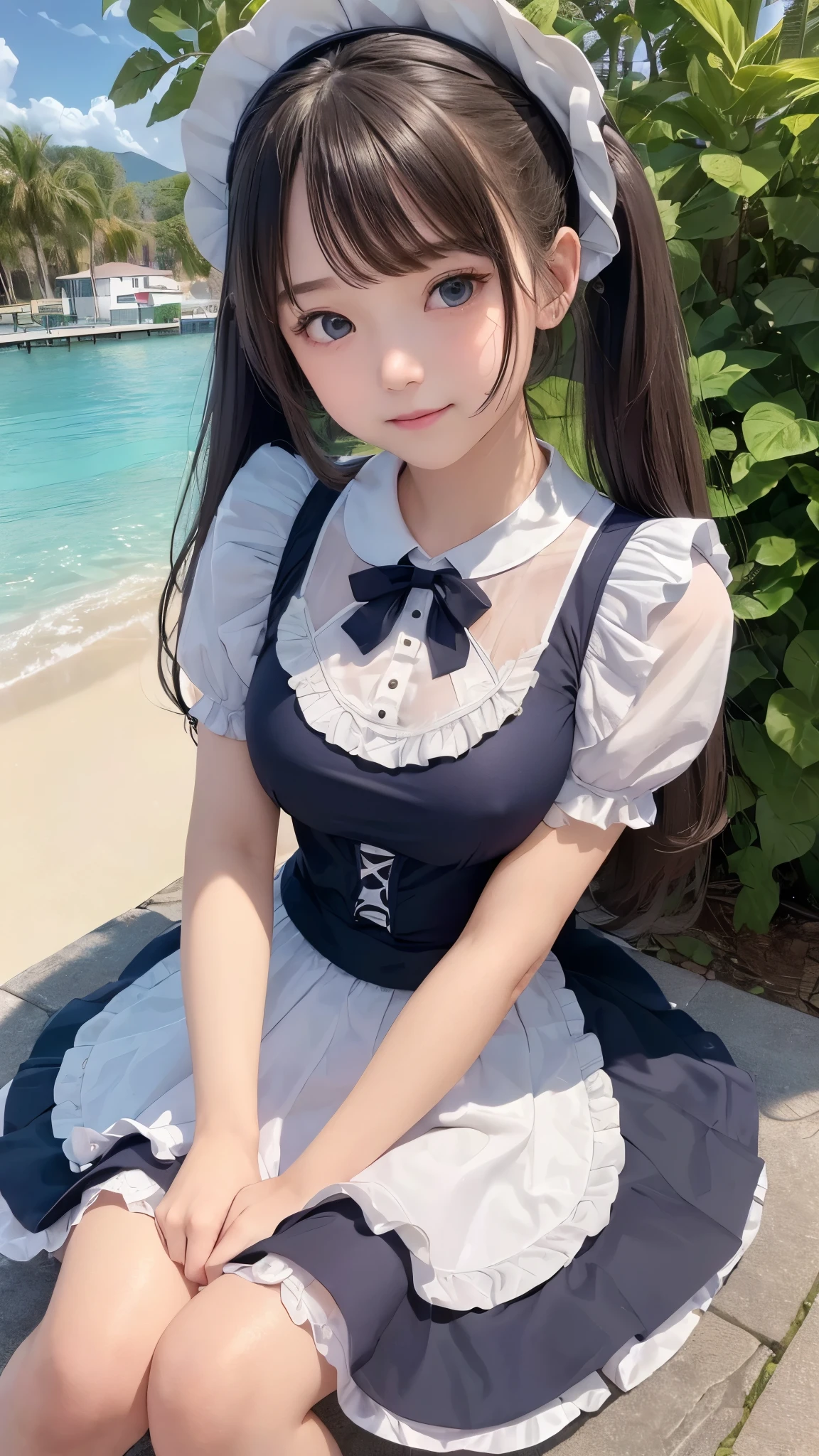 ((masterpiece)), ((highest quality、Ultra high definition)), (Very detailed),8K、Photo quality、((Amazingly cute girl)),)), Two people, , (Beautiful emerald blue eyes), ((smile)),In the open-air bath overlooking the sea, Beautifully arranged black hair in twin tails、スリムボディー、(((Cute lolita maid stylimsuit)))、Professional Lighting、(White lace knee-highore detailed and beautiful)、(More details and cutenesore realistic)、((Just wear light clothing))、プールではしゃぐ、