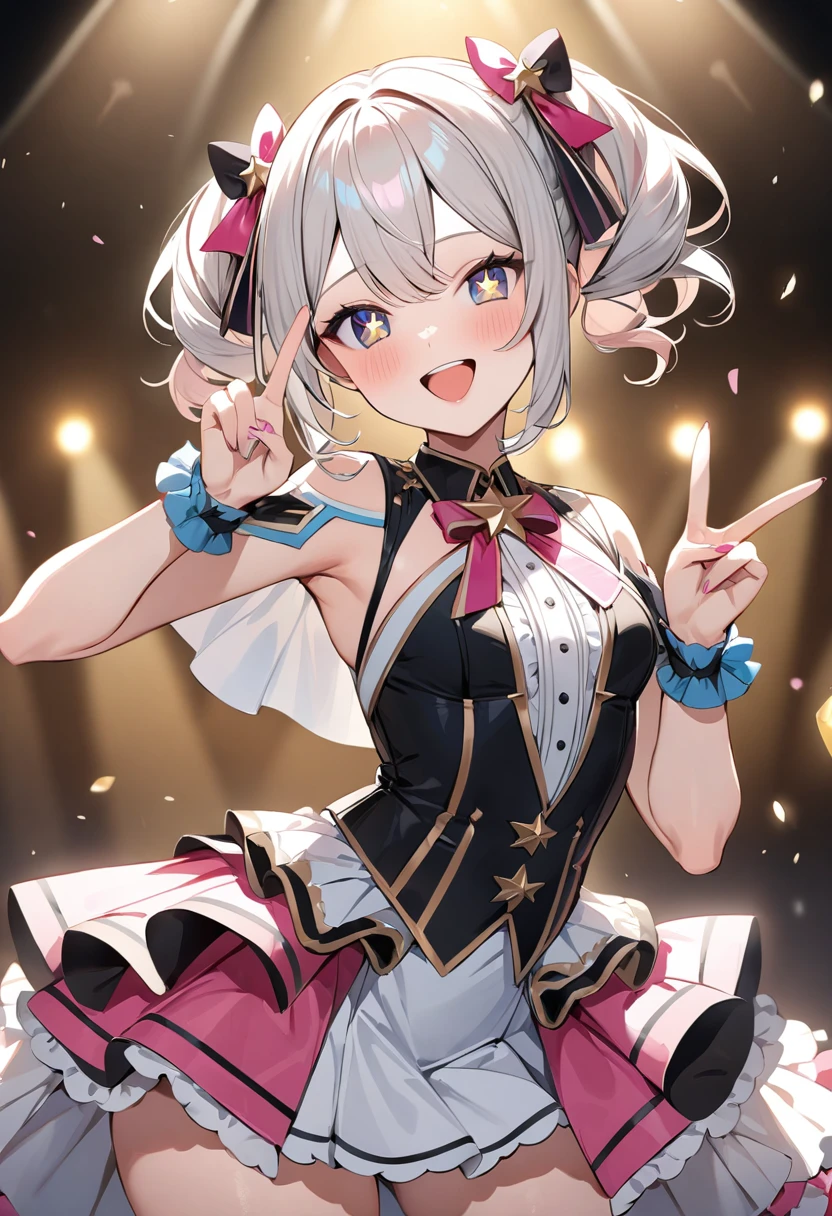 (masterpiece, top quality, very aesthetic, 4k、illustration), intricate detail, 1woman,contrapposto 、,(cowboy shot)、v sign,(star-shaped pupils),Cute 、Open mouth happy smile、Random Hairstyle、Random Hair Color、,middle hair,sidelock ,Random Color eyes、idol clothes、small breasts、Slim 、