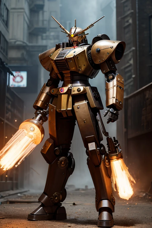 

"Near future, steampunk, visible robots and mechanical parts, heavily armored, holding a giant gun, full body, high resolution, realistic, photo-like, like a gundam.