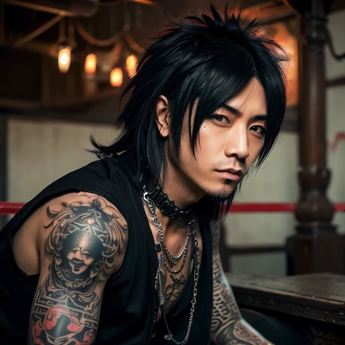 Japanese gothic rocker man, male, Asian eyes, muscular, broad shoulders, yakuza tattoos, hairstyle Visual Kei style, hair Visual Kei, black men's shirt and black pants, ultra detailed face, hyperrealistic, realistic representation, 30 years old, age 30 years,, blonde hair