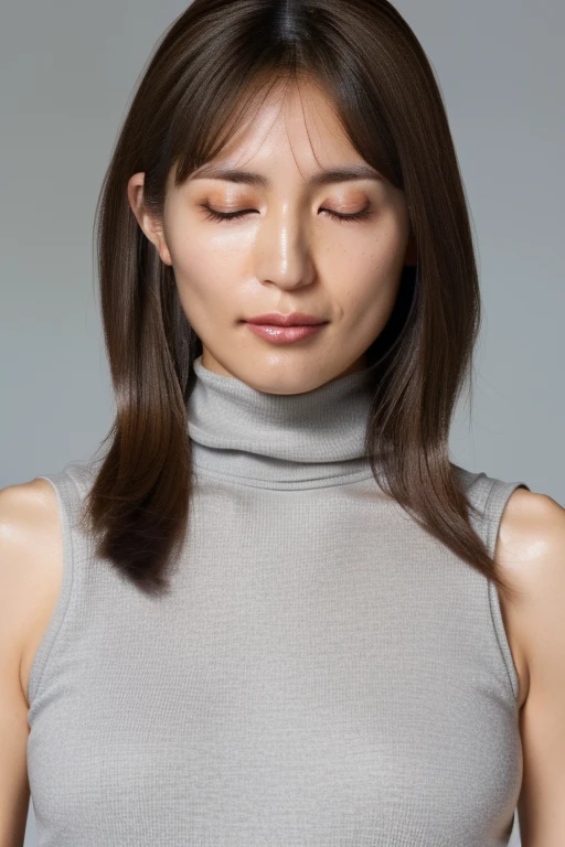 High resolution, High level image quality, high detail, masterpiece, rough skin, anatomically correct, sharp, gray background((japanese mature, 28 years old)), solo, ((close your eyes and open your mouth))、(Strong orgasm)、facial wrinkles, good shape big breasts, Straight light brown hair that reaches to the shoulders, slim body shape (((stand upright, facing the center of the screen.))), Close your mouth and look straight ahead with a serious face, ((cowboy shot)),Searching for breastake an appeal、((Raise your arms and show your armpits))、((Strong orgasm))wrinkles between eyebrows、turtleneck sleeveless knit、(((o-face)))